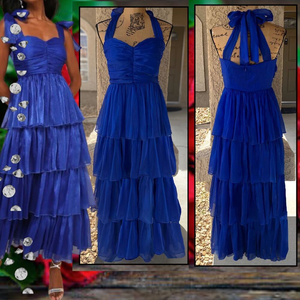 Lulus Shiny Blue Radiant Arrival Organza Tiered Tie-Strap Maxi Dress Size M
